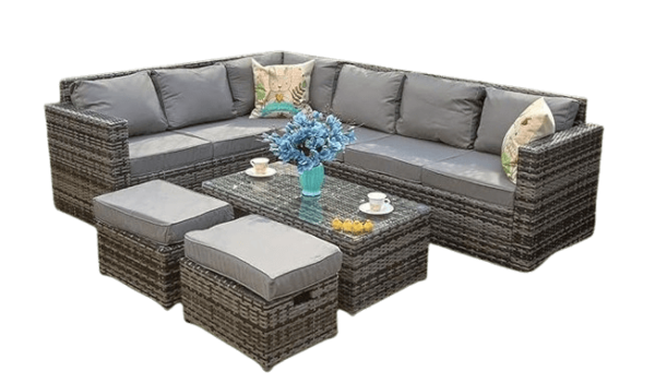 YAKOE BARCELONA GREY MODULAR 8 SEATER RATTAN CORNER SOFA SET WITH FITTING COVER