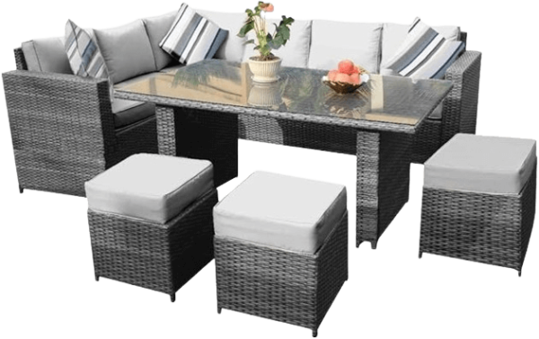 YAKOE Conservatory 9 Seater Outdoor Rattan Garden Furniture Classical Corner Dining Set with Furniture Cover - Grey