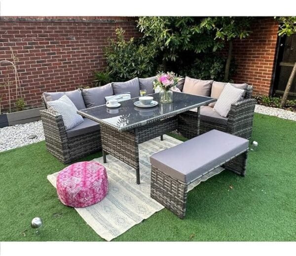 YAKOE Outdoors Rattan Corner Garden Furniture Sofa 8 Seater with Bench Dining Set Dark Grey, Large