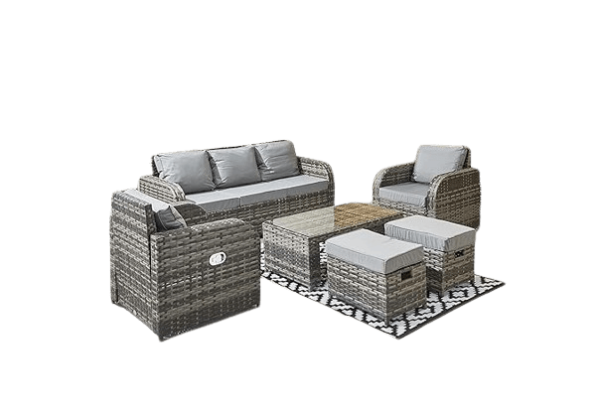 Yakoe Lotus 7 Seater Rattan Garden Outdoor Sofa Set in Grey with Raincover, Metal, one