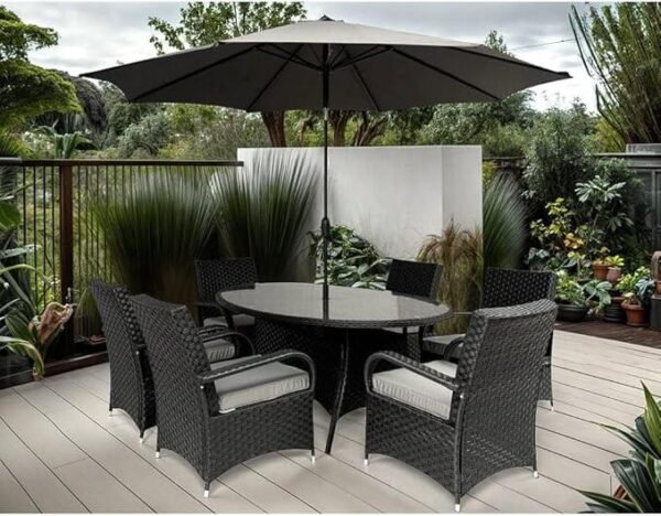 Yakoe Outdoor Garden Rattan Furniture 6 Seater Armchair Oval Dining Set Black with Parasol Hole with Rain Cover, Large