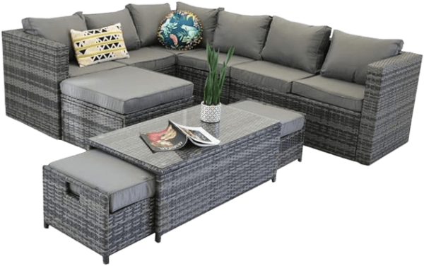 Yakoe Vancouver 9 Seater Corner Rattan Garden Set In Grey With Fitting Cover